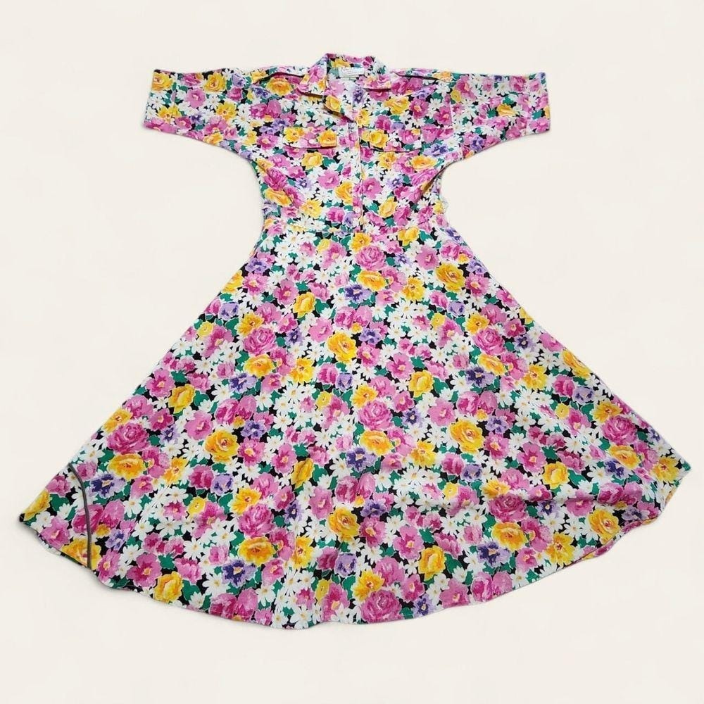 Floral Shirt Dress Vintage 80s Fit Flare Size 6 Pink Yellow Kentucky Derby - Picture 6 of 9